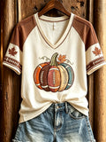Women's Football Inspired Fall Pumpkin Print short-sleeved T-shirt