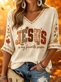 Women's Jesus Is My Favorite Season Mid-length Sleeves V-Neck T-Shirt