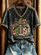 Women's Football Inspired Fall Pumpkin Print short-sleeved T-shirt