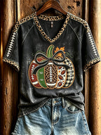 Women's Football Inspired Fall Pumpkin Print short-sleeved T-shirt