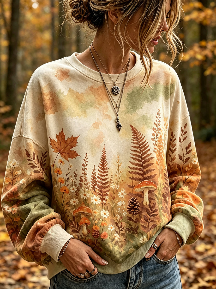 Women's Vintage Fall Watercolor Art Printed Casual Sweatshirt
