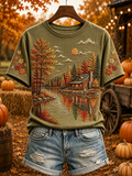 Women's Fall Landscape Reflection Print Cozy Short-sleeved T-shirt