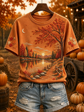 Women's Fall Landscape Reflection Print Cozy Short-sleeved T-shirt
