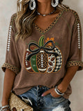Women's Football Inspired Fall Pumpkin Print Mid-length Sleeves V-Neck T-Shirt