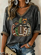 Women's Football Inspired Fall Pumpkin Print Mid-length Sleeves V-Neck T-Shirt