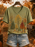 Women's Vintage Fall Trees Print Cozy Short-sleeved T-shirt