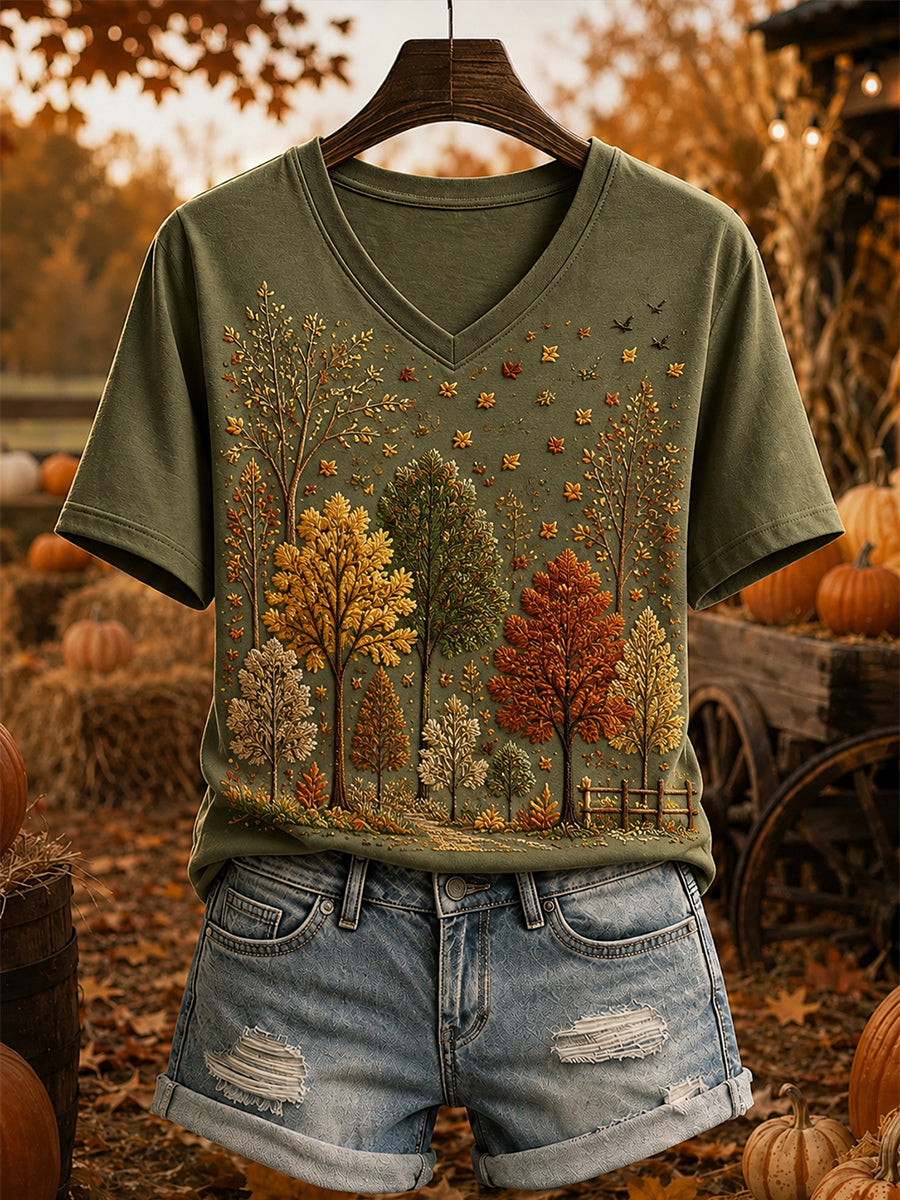 Women's Vintage Fall Trees Print Cozy Short-sleeved T-shirt