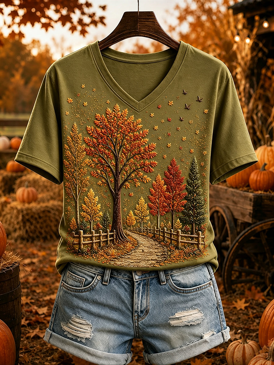 Women's Vintage Fall Trees Print Cozy Short-sleeved T-shirt