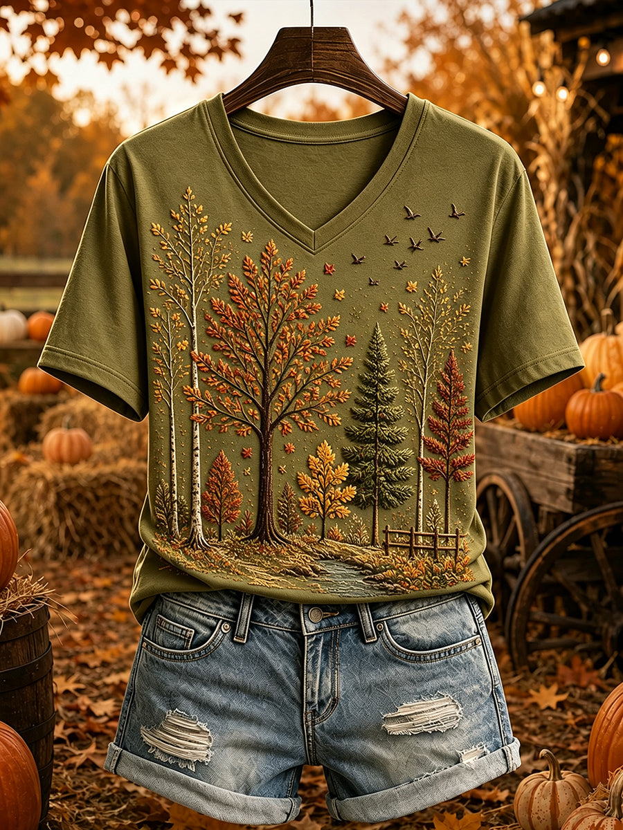 Women's Vintage Fall Trees Print Cozy Short-sleeved T-shirt