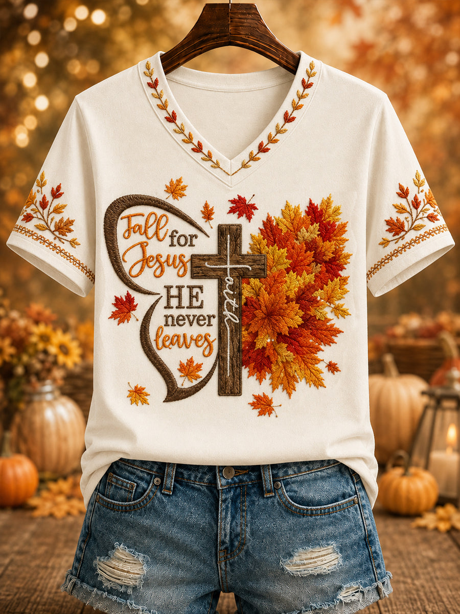 Women's “Fall for Jesus HE never leaves” Printed V-neck T-shirt