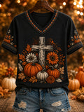 Women's Autumn Faith Art Printed V-neck T-shirt