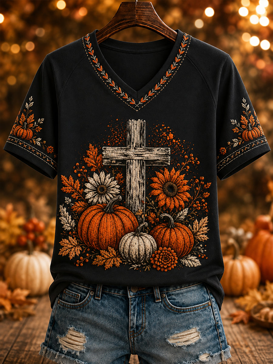 Women's Autumn Faith Art Printed V-neck T-shirt