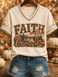 Women's “FAITH on fire” Printed V-neck T-shirt