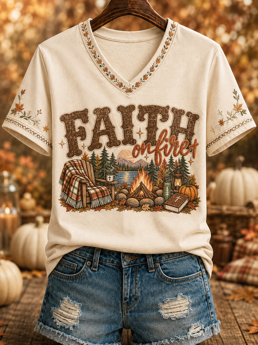 Women's “FAITH on fire” Printed V-neck T-shirt
