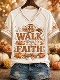 Women's “WALK By FAITH” Printed V-neck T-shirt