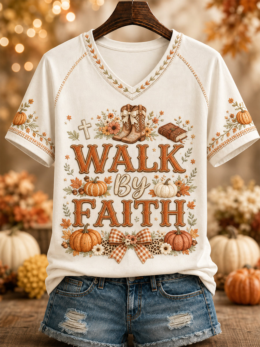 Women's “WALK By FAITH” Printed V-neck T-shirt