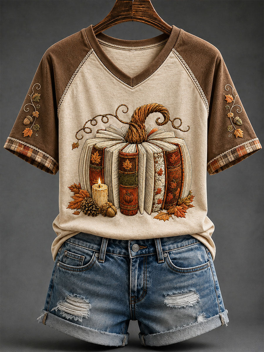 Women's Pumpkin Books V-neck T-shirt