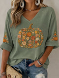 Women's Pumpkin Flowers Mid-length Sleeves V-Neck T-Shirt