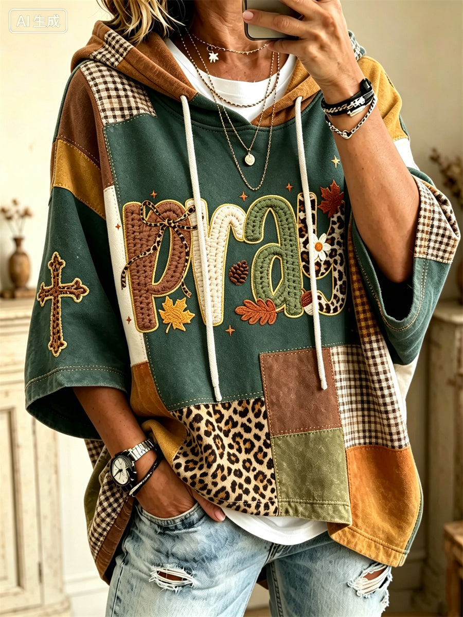 Women’s Pray Christian Cross Fall Colorblock Patchwork Print Mid Sleeve Oversize Hoodie