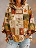 Women’s Fall Christian Walk By Faith Patchwork Print Casual 3/4 Sleeve Hoodie