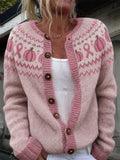 Women's Vintage Pink Pumpkins & Pink Ribbon Yoke Isle Pattern Print Cardigan