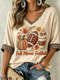 Women's Fall Means Football Leopard Print Mid-length Sleeves V-Neck T-Shirt