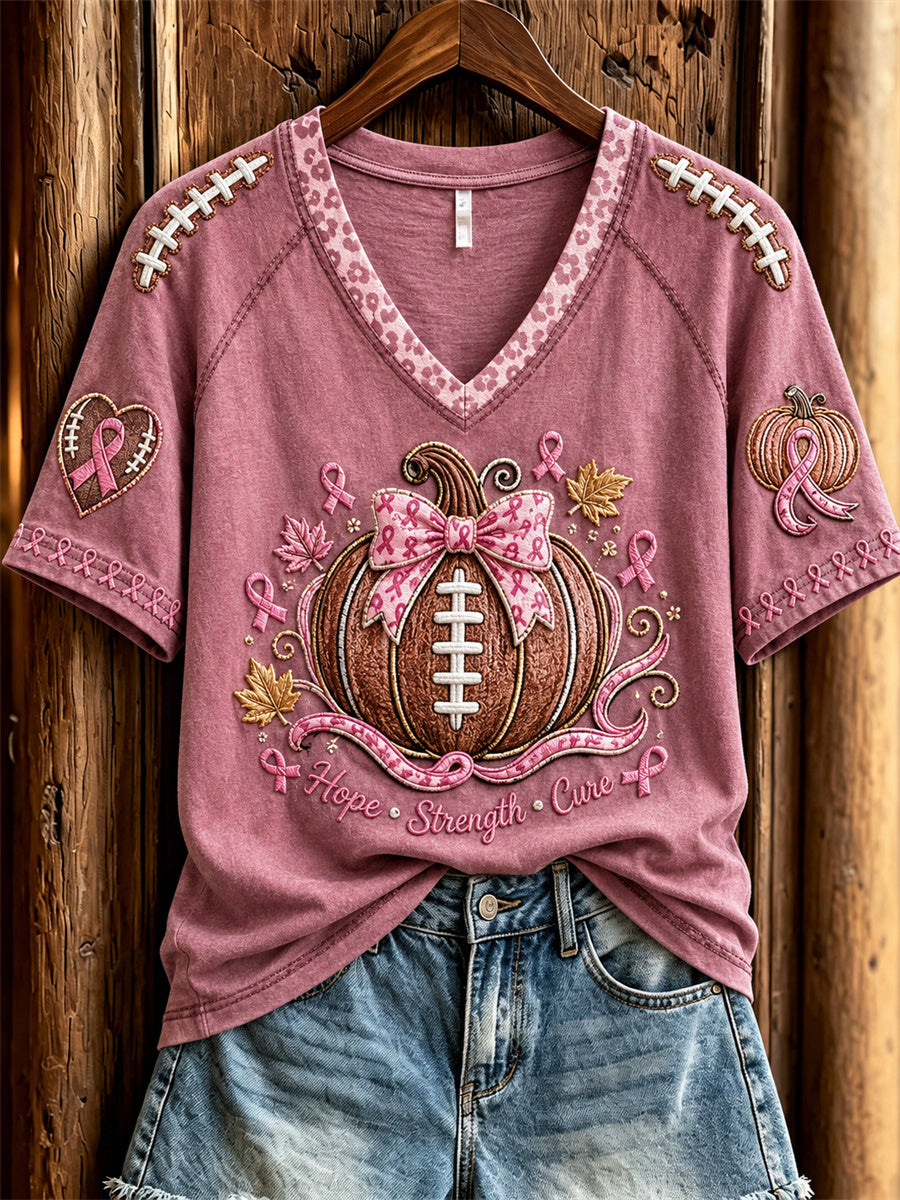 Women's Hope Strength Cure Breast Cancer Pink Football Pumpkin Print short-sleeved T-shirt