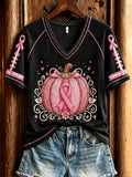 Women's Vintage Breast Cancer Pink Fall Football Pumpkin Print short-sleeved T-shirt
