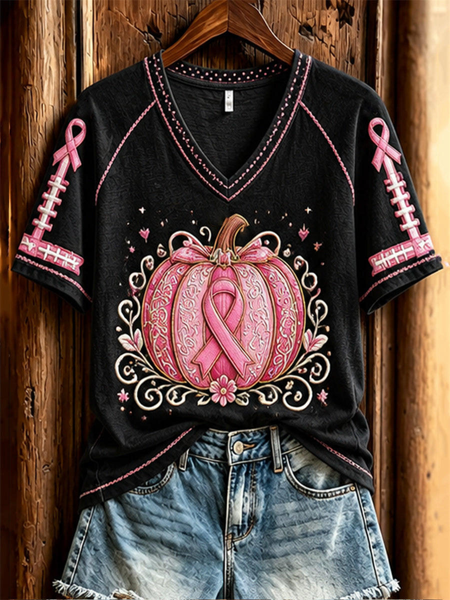 Women's Vintage Breast Cancer Pink Fall Football Pumpkin Print short-sleeved T-shirt