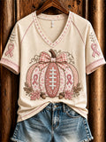 Women's Vintage Breast Cancer Pink Fall Football Pumpkin Print short-sleeved T-shirt