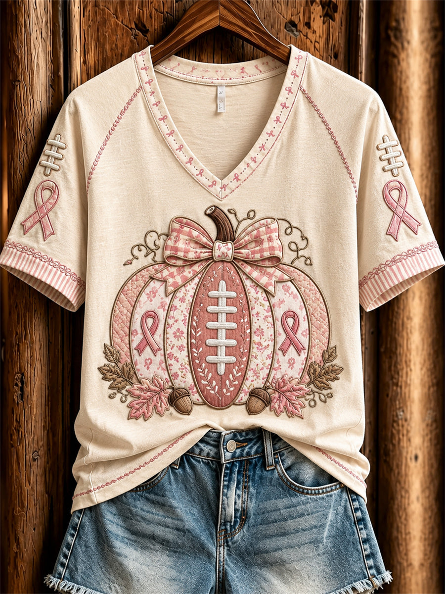Women's Vintage Breast Cancer Pink Fall Football Pumpkin Print short-sleeved T-shirt