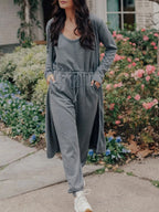 Women Casual Pure Color U Neck Three Piece Suit
