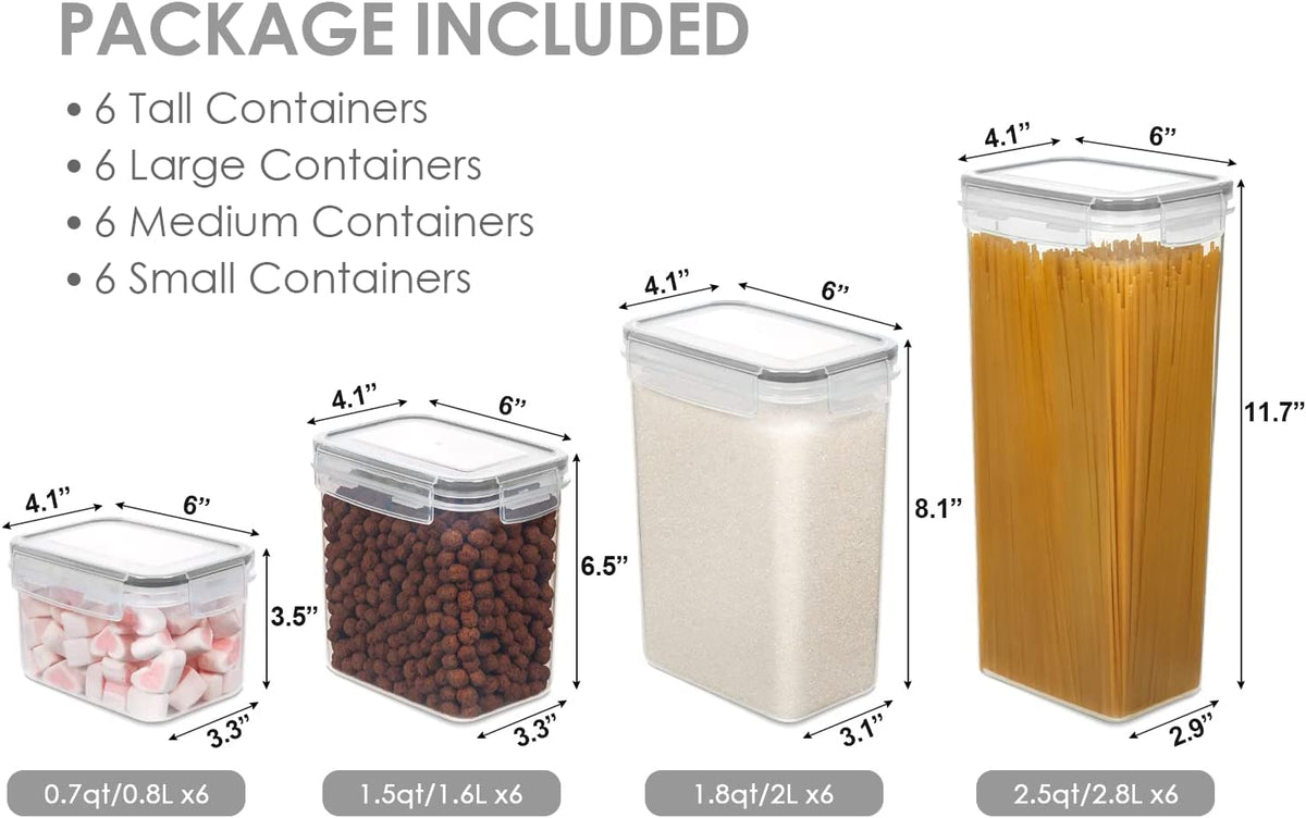 24 pcs Plastic Kitchen and Pantry Organization Canisters for Cereal, Dry Food, Flour and Sugar