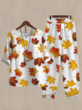 Maple Leaf Print Casual Two Piece Suits
