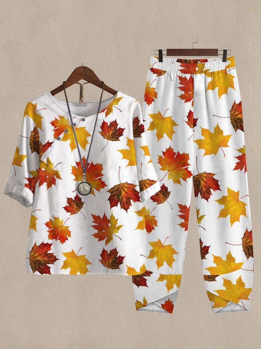 Maple Leaf Print Casual Two Piece Suits
