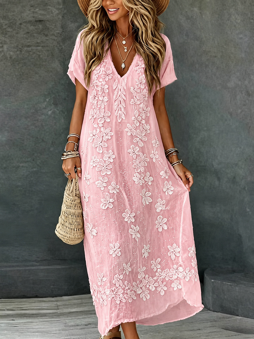 Women's Rose Art Embroidered Linen Blend V Neck Maxi Dress