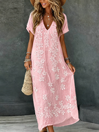 Women's Rose Art Embroidered Linen Blend V Neck Maxi Dress