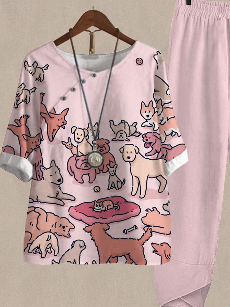 Fun Animal Family Print Casual Two Piece Suits