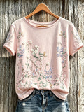 Women's Vintage Floral Pink Ribbon Print Short-Sleeved T-Shirt