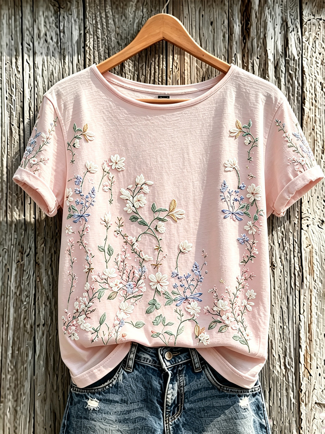 Women's Vintage Floral Pink Ribbon Print Short-Sleeved T-Shirt