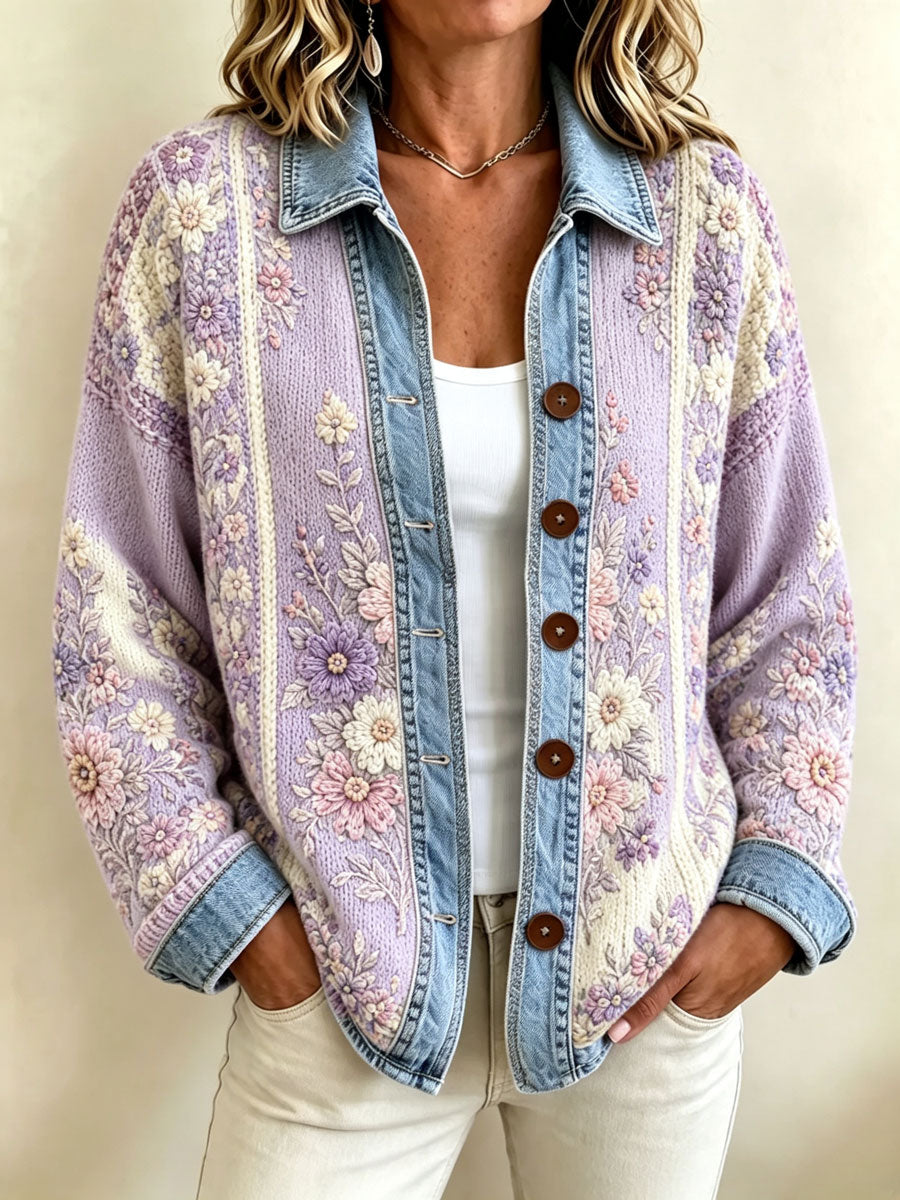 Women's Retro Flower Print Knit Top