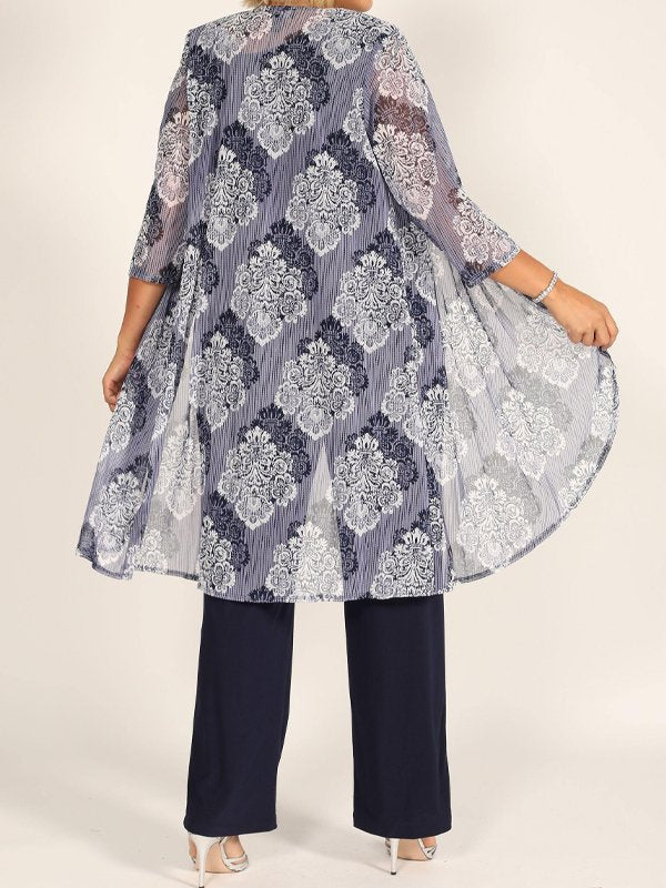 Three-Piece Suit Of Round Neck Printed Vest And Jacket With Trousers