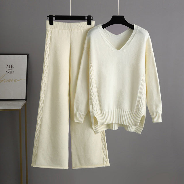 Knitted Women Casual Wide Leg Pants Two Piece Set Loose Button Design Pullover And Drawstring Trouser Ladies Suit Winter Fashion