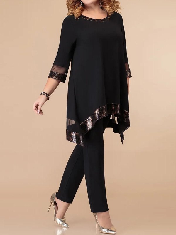 Round Neck Mesh Stitching Top And Trousers Suit