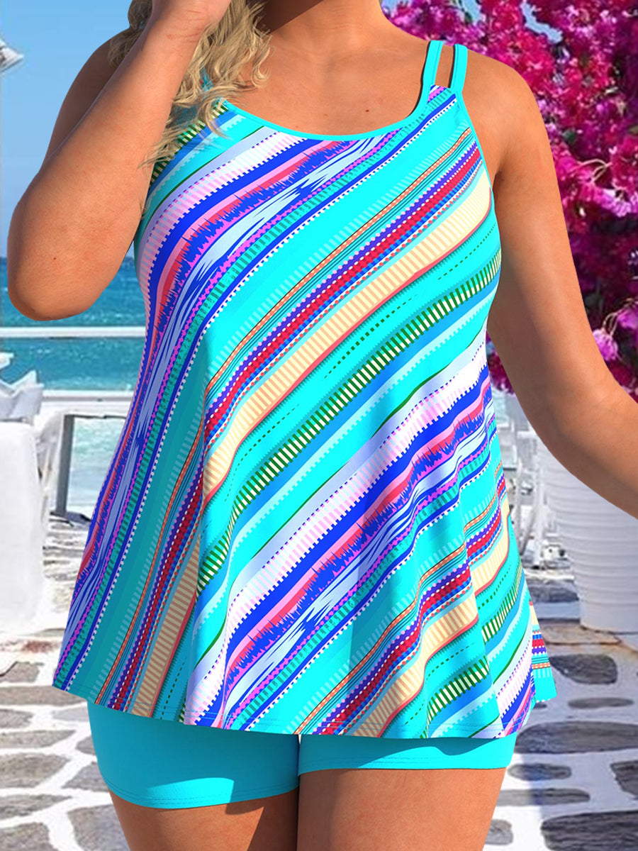 Colorblock Stripe Sleeveless Two-Piece Plus Size Swimwear Suit