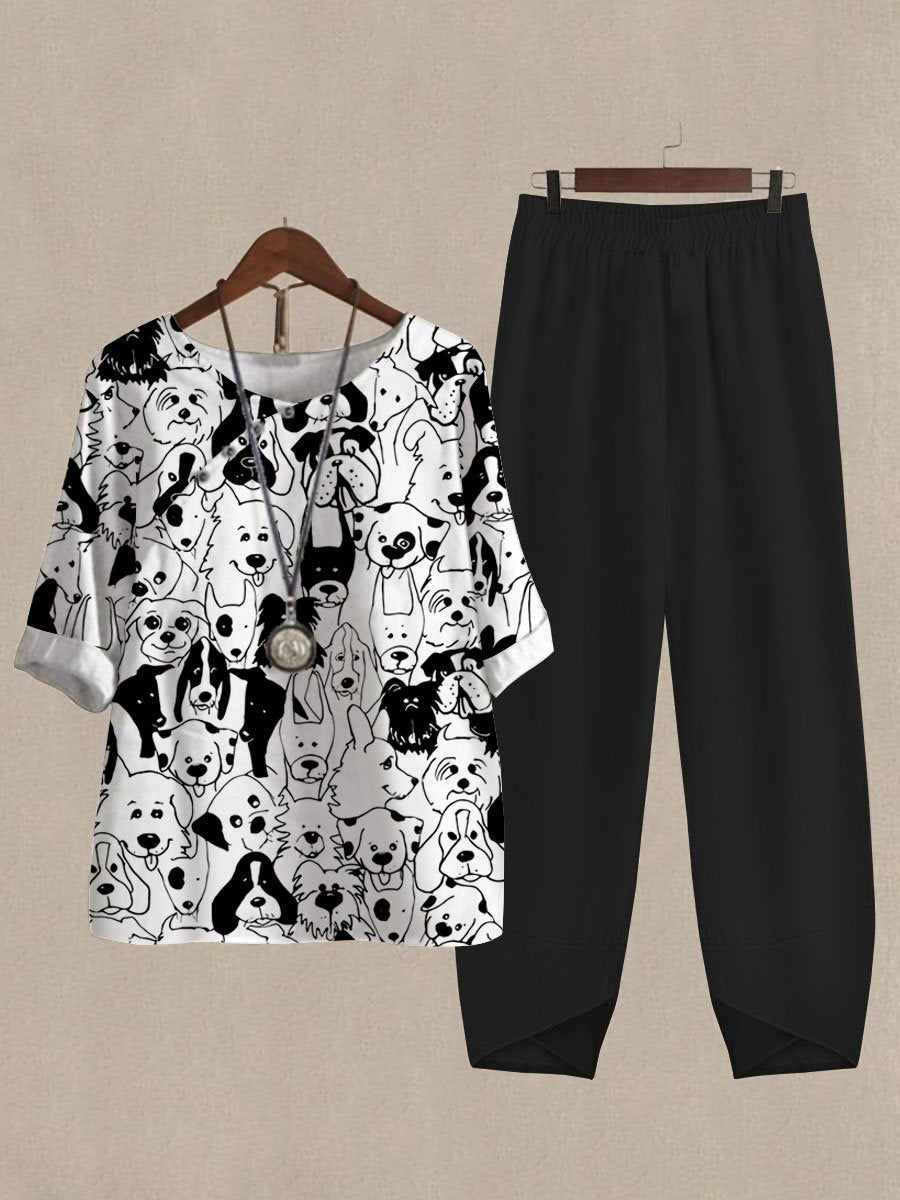 Cartoon Cute Puppy Print Casual Two-piece Suits