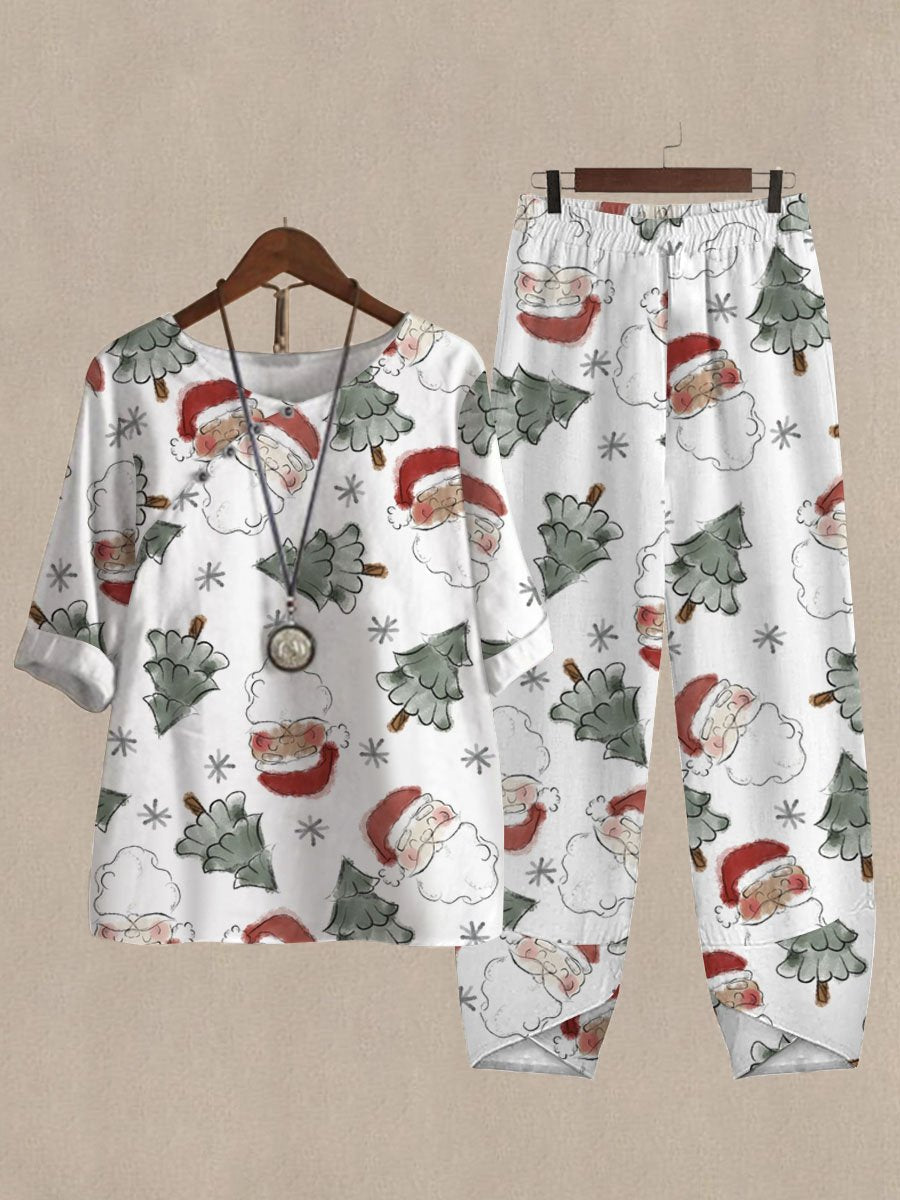 Cute Cartoon Santa Claus Print Casual Two Piece Suits