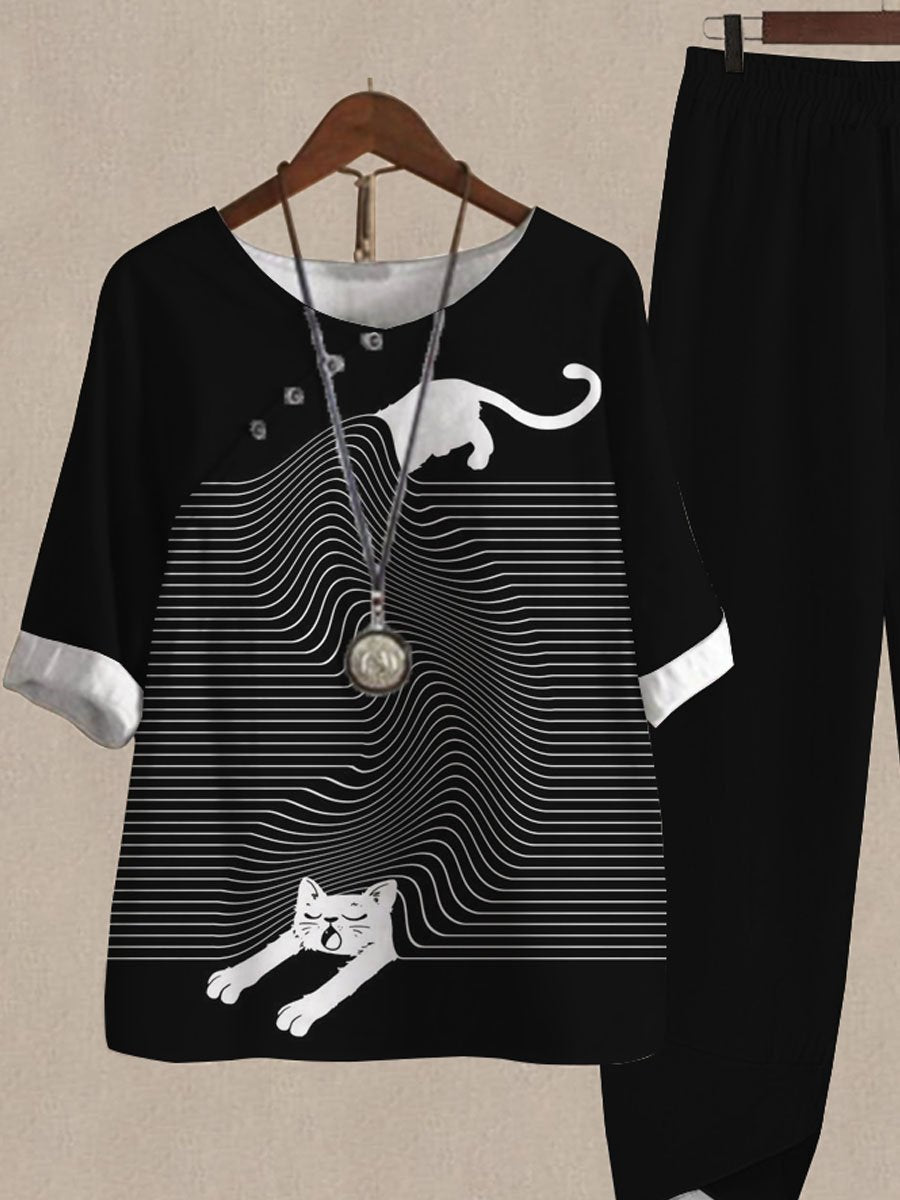 Fun Cat Print Casual Two Piece Set