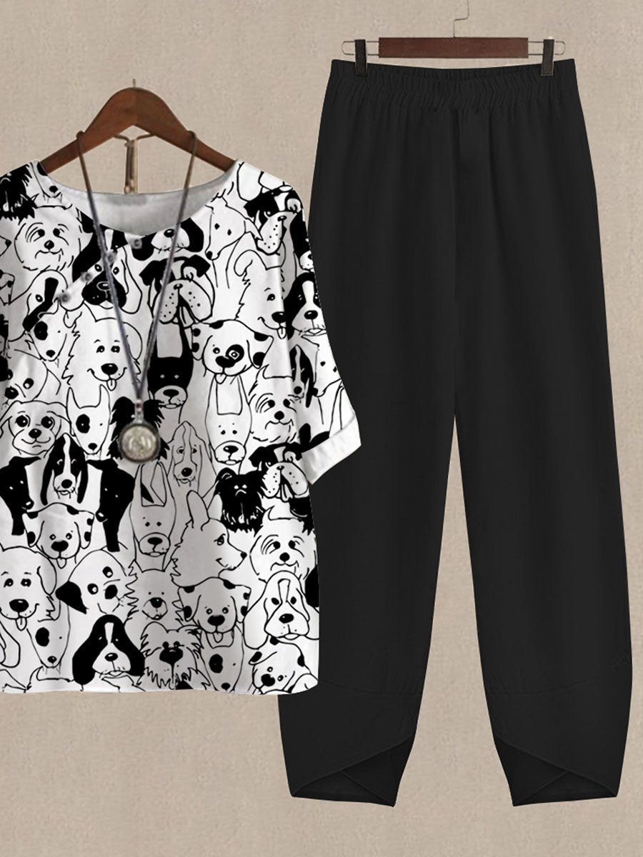 Cartoon Cute Puppy Print Casual Two-piece Suits