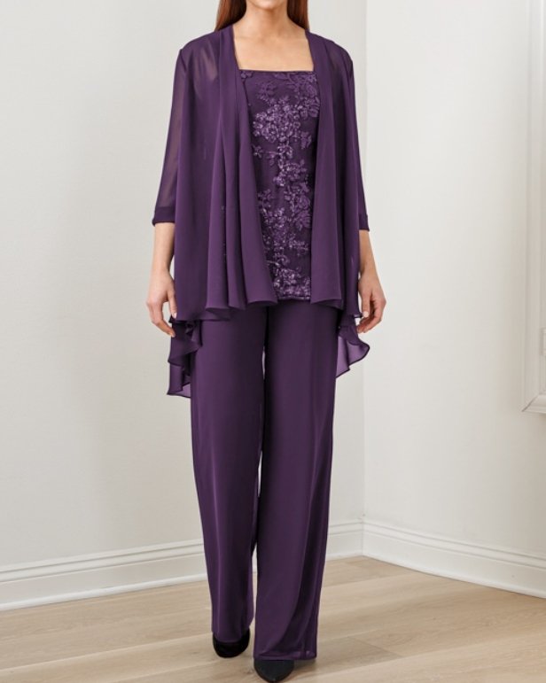 Embroidered Top Chiffon Long Pants Three Piece Suits